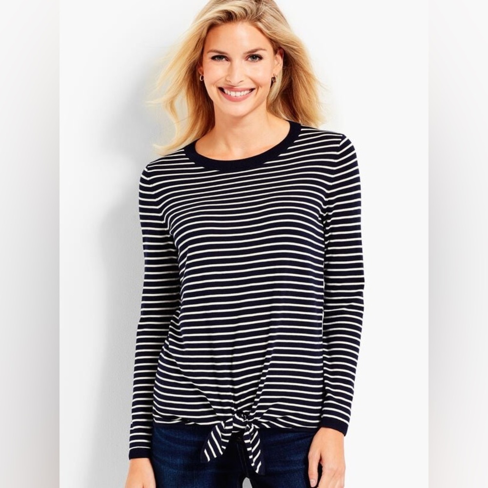 Talbots womens Navy‎ White Striped Sweater tie front Large Nautical Fisherman